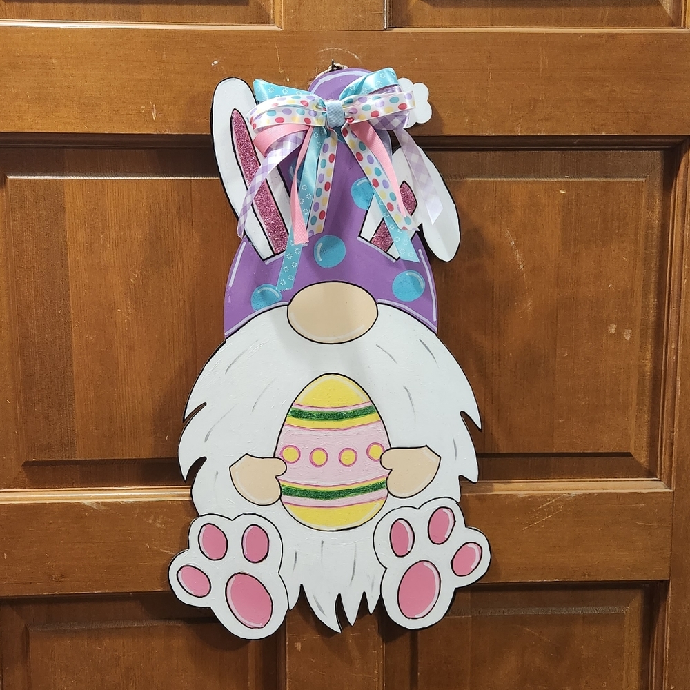New- Handpainted Bunny Gnome with Easter Egg Door Hanger